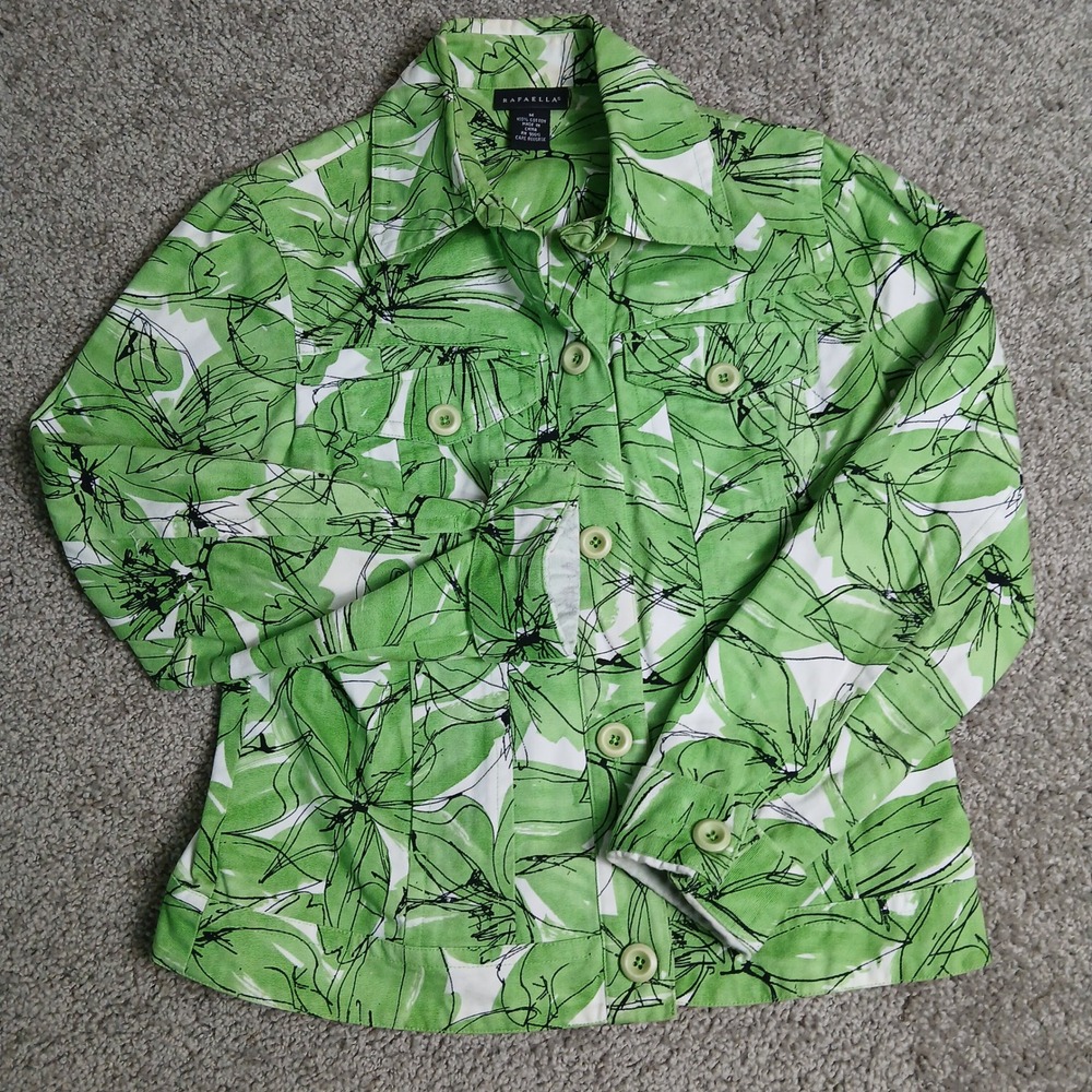 Rafaella Womens Green White‎ Floral Cotton Button Front Jacket Size M Sketch